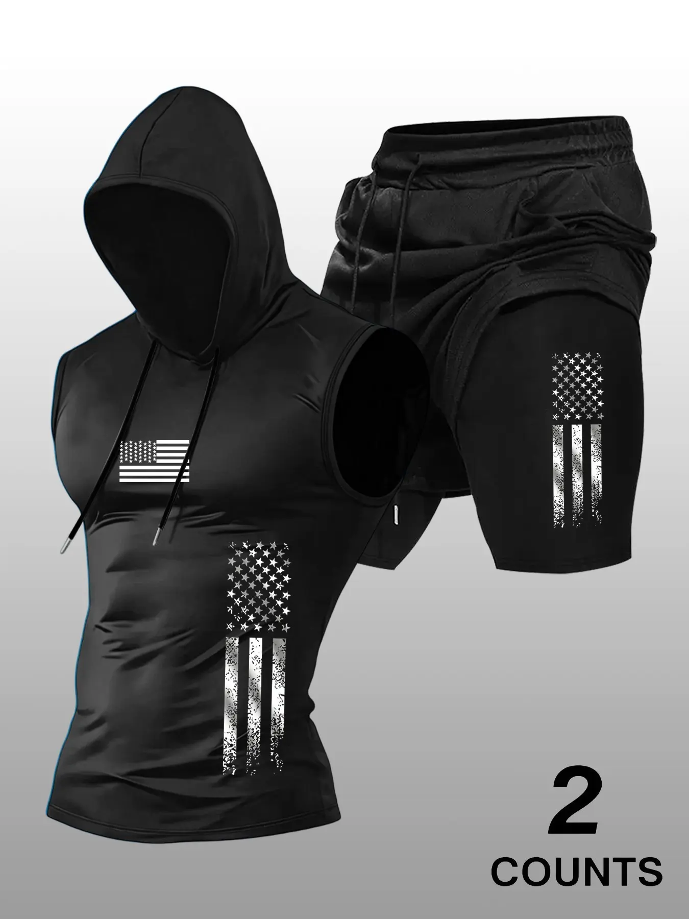 Men's Summer 2-Piece Sleeveless Hooded Set, Fitted Letter Pattern, Gradient Flag Print, Ideal for Basketball and Fitness, Activewear Sport Set, Fitted Sportswear Set