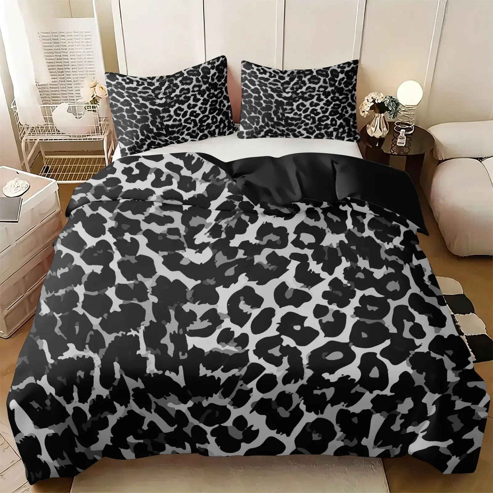 Black Gray Leopard Print Duvet Cover Set, 1 Duvet Cover & 1/2 Pillowcase, Bedding Set, No Filling, Modern Minimalist Bedding Decor Gift for Men Women Teens Family Bedroom Dorm Guest Room Home Decoration
