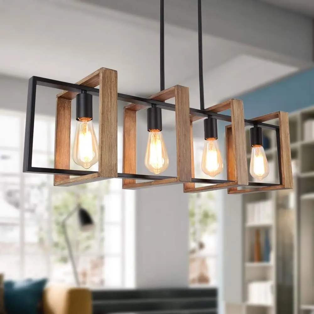 4-Light Black Modern Farmhouse Rectangular Chandelier, 35.4in Indoor Pendant Lighting with Metal Wood Finish, Adjustable Height, Ambient Glow, KD Packing for Kitchen Island, Pool Table