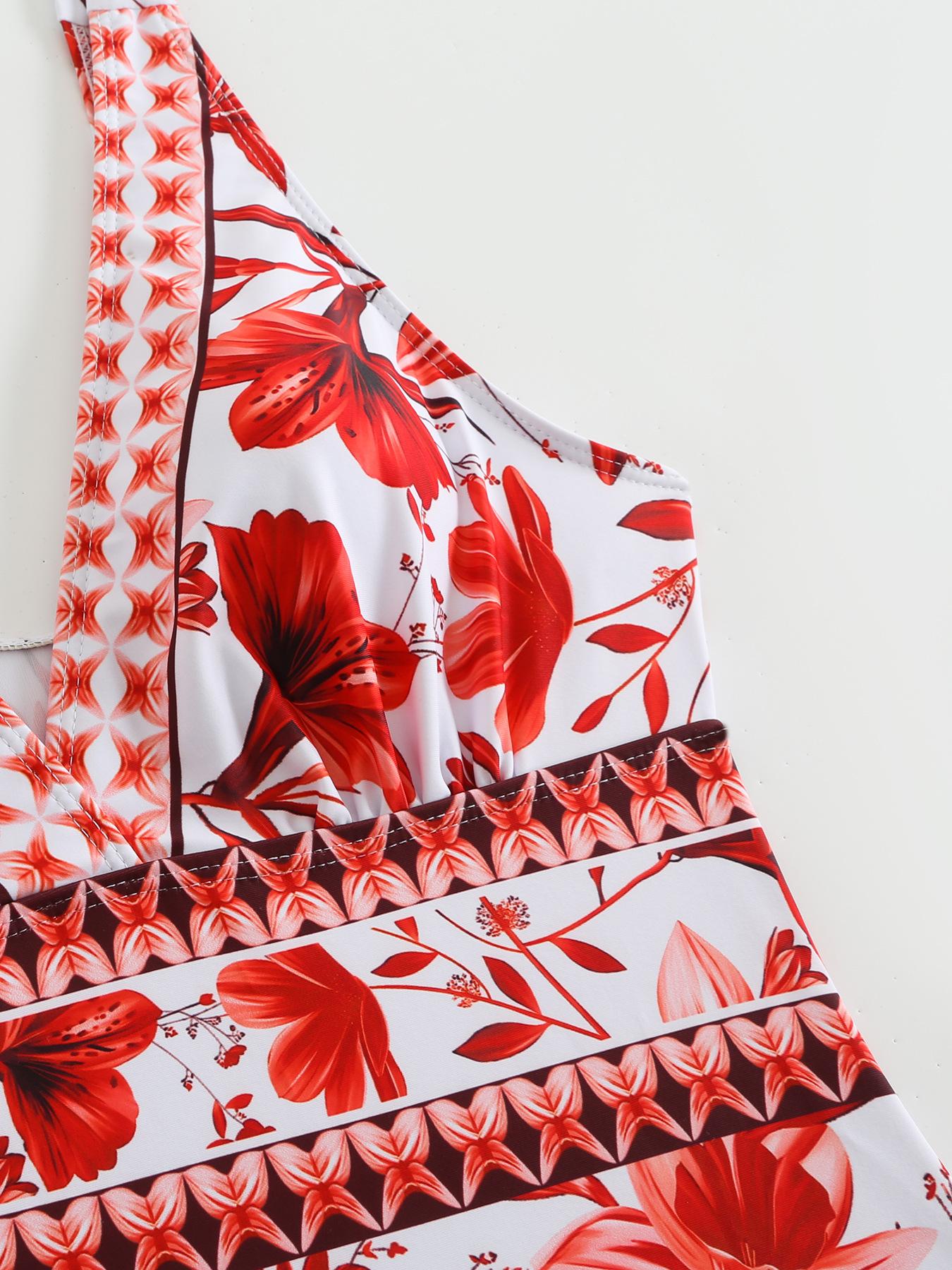 Women's V Neck Bohemian Print One-Piece Swimsuit and Matching Cover Skirt Set Summer Swimdress Swimming Vacation Beach Bathing SuitSuit Stylish Beachwear