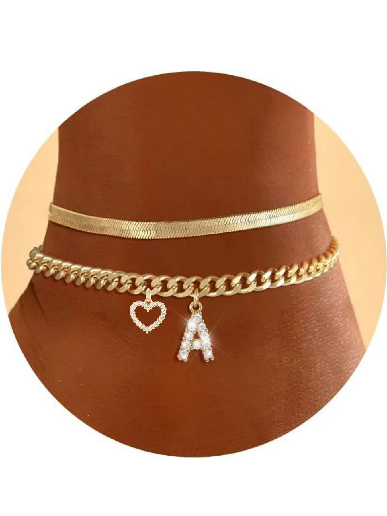 Double-Layer 26-Letter Gold Chain Heart-Shaped Anklet with a heart-shaped pendant; featuring an adjustable design, it is an elegant accessory perfect for women. It’s a summer must-have and an ideal Valentine’s Day gift.