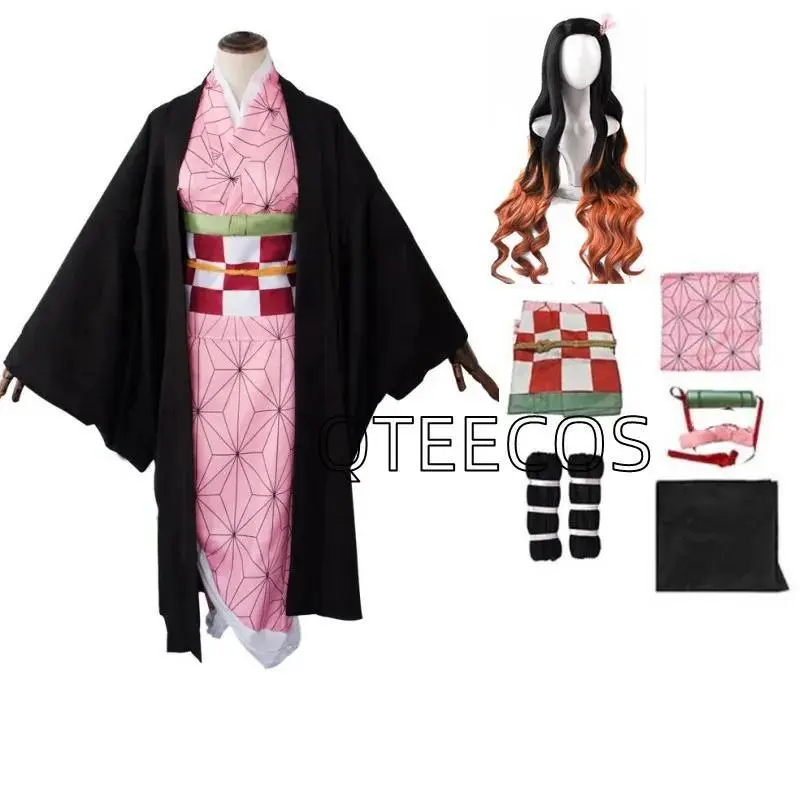 Demon Slayer Kamado Nezuko Cosplay Costume and Shoes Set - Cartoon Character Long Coat, Full Sleeves Multi-Size Kids Outfit with Wig for Halloween (L/XL/XXL) Kimetsu No Yaiba Fans, Anime Inspired