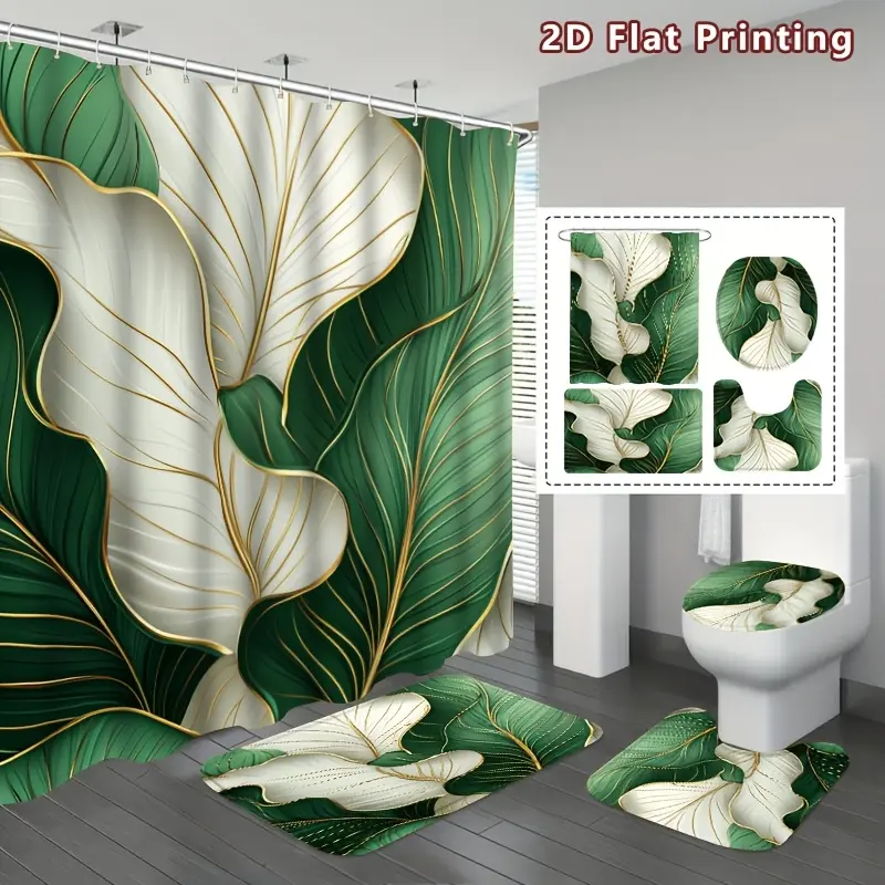 4-Piece 2D flat tropical leaf shower curtain set, green and white leaves with gold trimmed bathroom decoration, including bath mat, U-shaped floor mat, toilet cover cover and 12 hooks, natural aesthetic home decoration