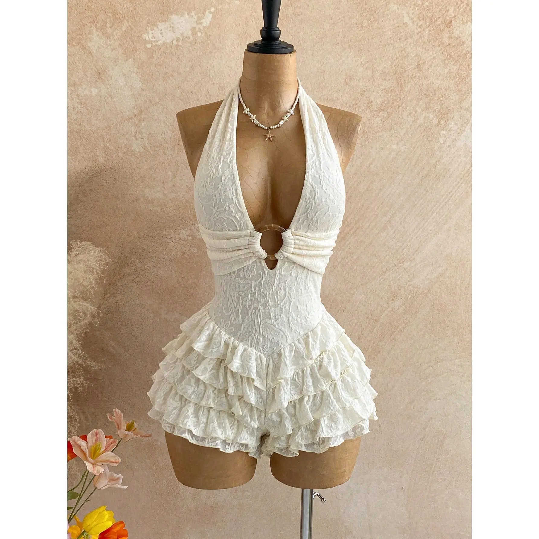 Women's Backless Knit Romper with Gold-Tone Ring Detail, Halter Style Short Jumpsuit for Holiday Vacation Wear, Fashion Apparel