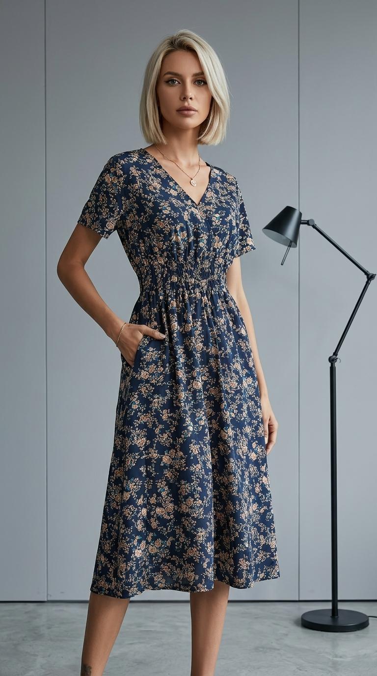 The Coralia Dress |       Midnight Mushroom Medley Summer Floral Print Short Sleeve Dress