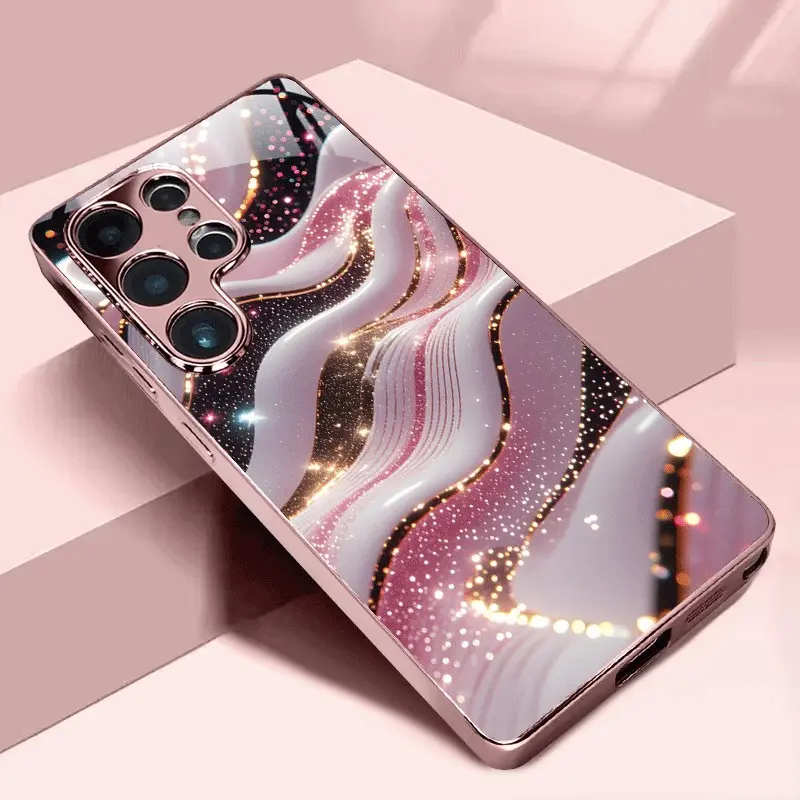 Electroplated Wave Pattern Tempered Glass Screen Protector for iPhone 17/16/15/14/13/12/11 - Shiny Pink & White, Fits iOS, Ideal Holiday Gift for Loved Ones or Yourself