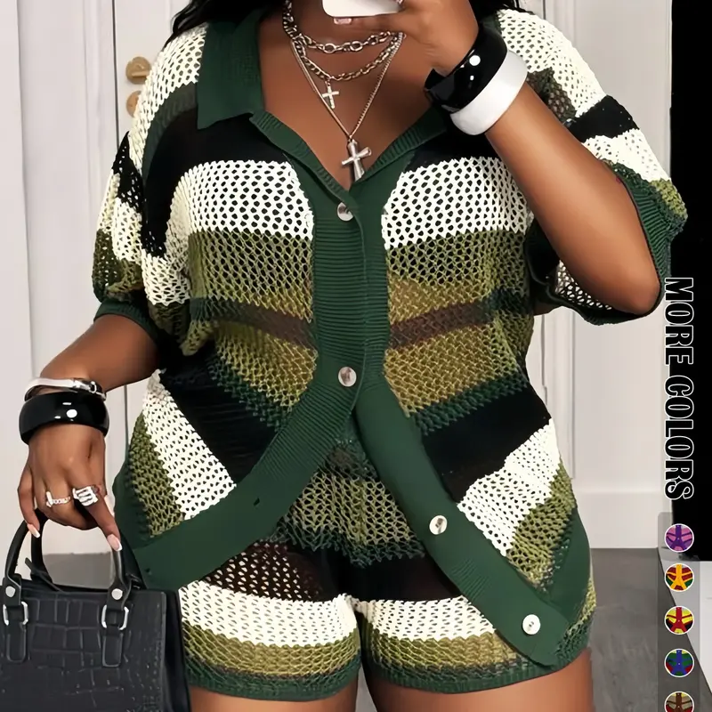 【Plus Size】 Women's Hollow Out Colorblock Button Front Cardigan Set, Casual Womenswear, Summer Wear, Chic Breathable Lightweight Half Sleeve Top & Shorts for Beach and Vacation