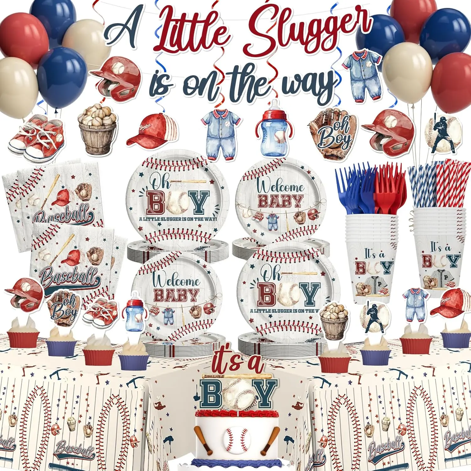 Hombae Baseball Baby Shower Decorations, A Little Slugger Party Supplies Table Decor with Welcome Baby Banner Plates Napkins Forks Cups Straws Tablecloths Dark Blue, Red & Khaki Balloons Service 24