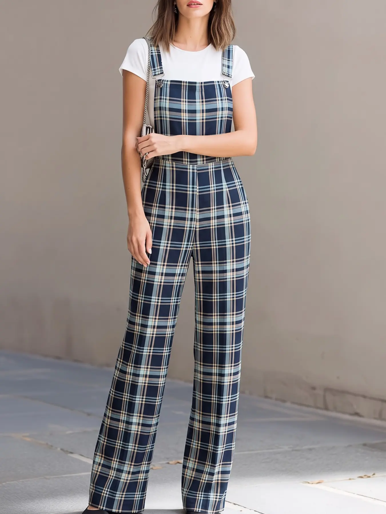 Women's Navy Plaid Strap Wide Leg Romper, Vintage Casual Elegant Fashion, Comfortable Loose Fit, Ideal for Daily Outing & Leisure Commute