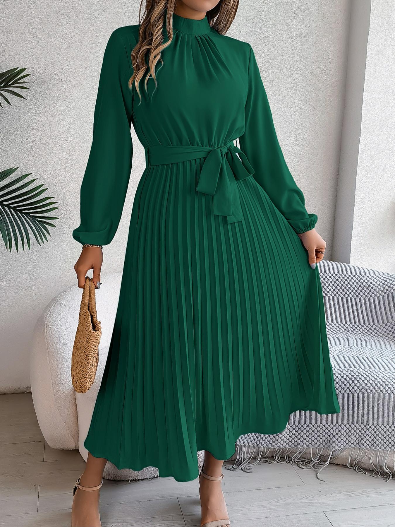 Women's Elegant Chic Long Sleeve Belted Pleated Dress, Spring & Fall Fitted Plain Design, Middle East Style Maid of Honor Gown
