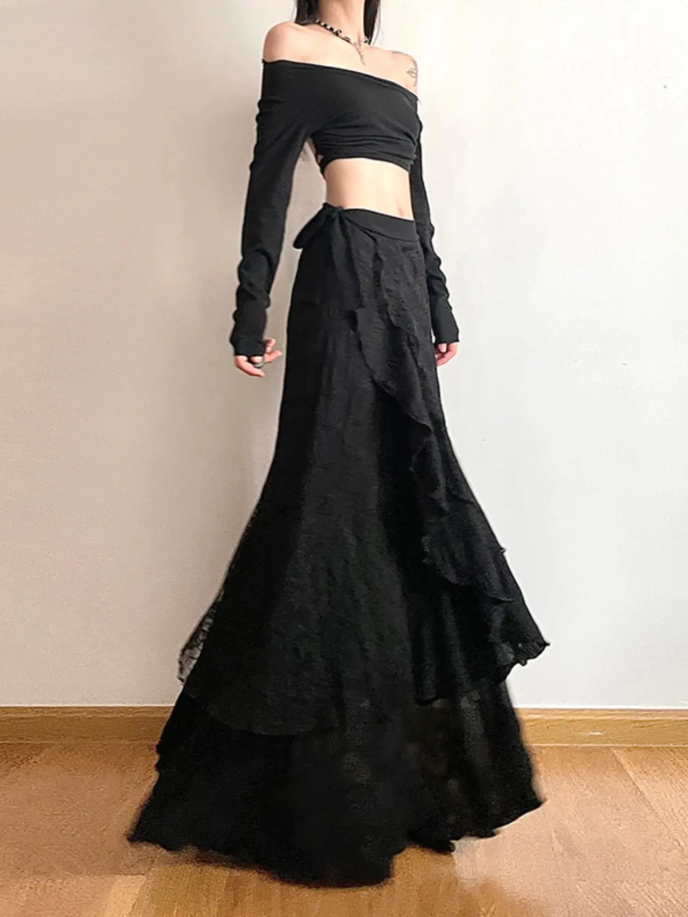 Women Lace Ruched Maxi Skirt, High Waist Loose Irregular Ruffle Tiered Flowy Long Skirt, Dark Fairy Grunge Goth Streetwear