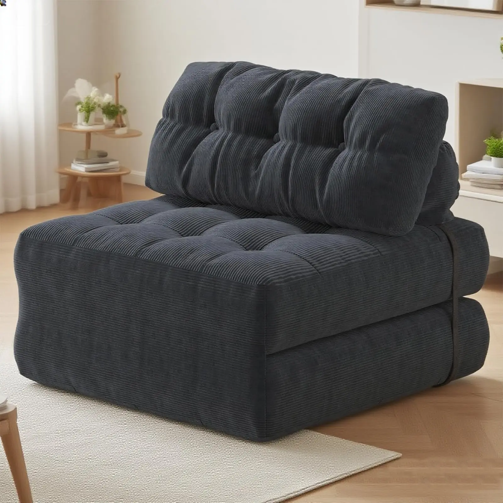 GAOMON Corduroy Folding Sofa Bed - Convertible Futon with Pillow, Foldable Mattress, Back Support, Portable Sleeper Chair (Available in Black, Beige, Dark Grey, Dark Blue)
