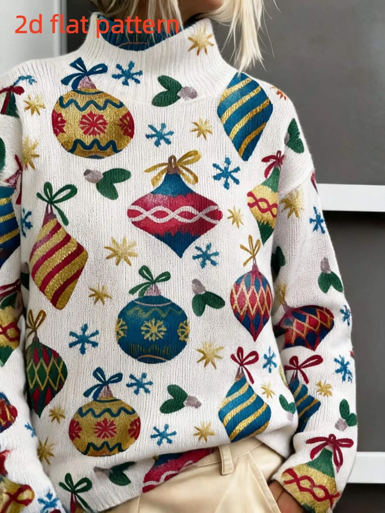 Women's Fall Winter Sweater, Elegant Long Sleeve High Neck Turtleneck Top, All over Print Digital Printing, Fashionable Knitwear for Ladies