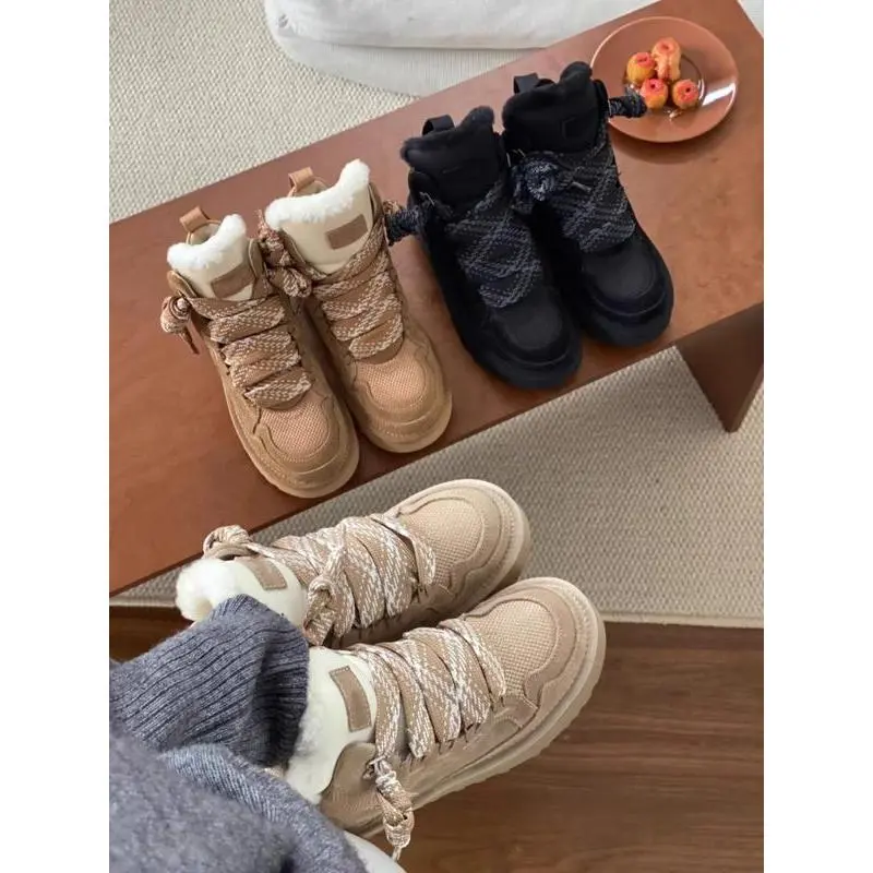 Women's Winter Plush Fleece-Lined Thick-Sole Lace-Up Low-Top Warm Snow Boots (Size 43)