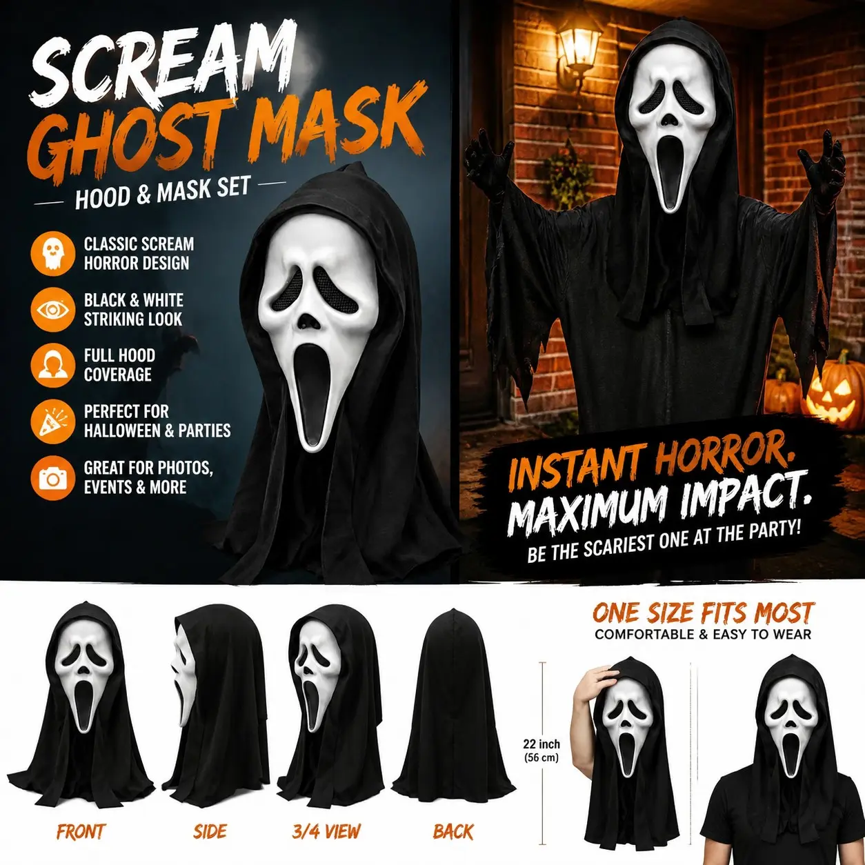Screaming Ghost Mask with Hooded Headgear, Classic Horror Movie Prop, Halloween Costume, Party Gift, Adult Unisex