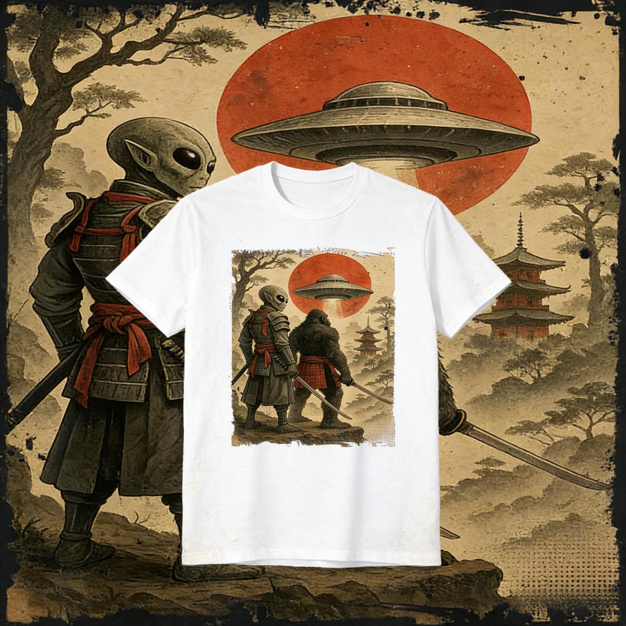 Fashion Pattern T-Shirt Streetwear Gift Bigfoot Ninja Alien Retro Japanese Samurai Wave Art Bigfoot T-Shirt Unisex