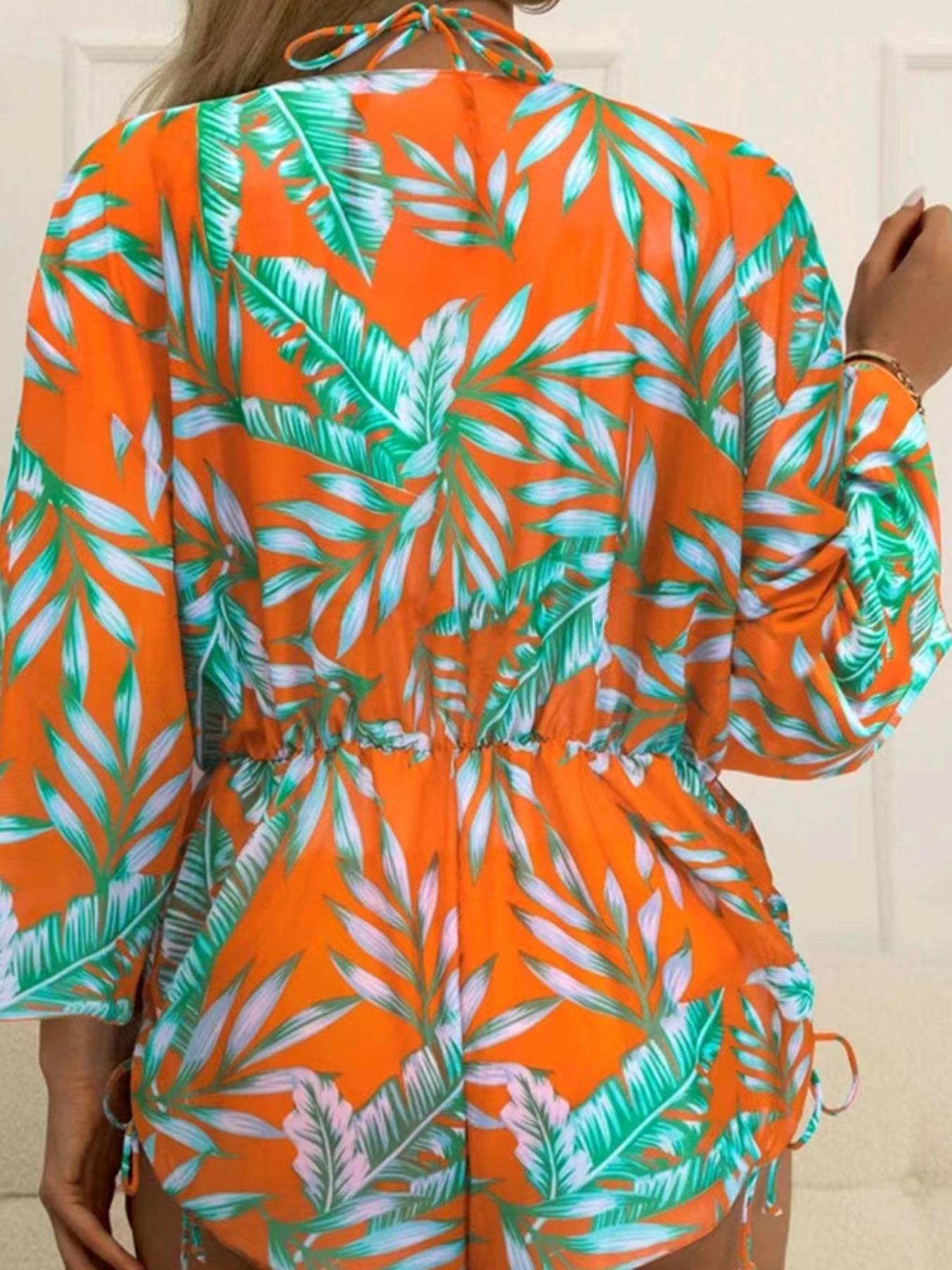 Breezy Lane Women's 3-Piece Leaf Print Swimsuit Set - Swim Bra, Swim Bottom, Long Sleeve Cover-Up Romper with Shorts, Beach Holiday Vacation Swimwear Including Swimsuit Fabric, Includes Cover-Up Romper