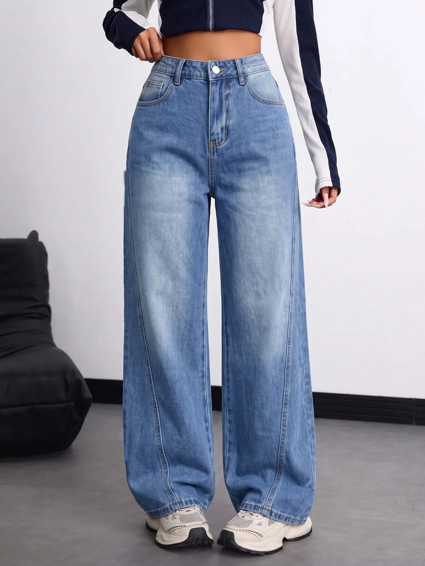 Vintage Washed Light Blue Wide Leg Loose High Waist Vertical Stitch Women's Casual Streetwear Jeans, Comfortable and Stylish