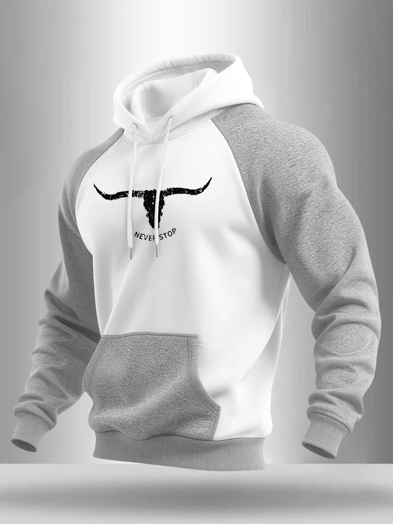 Men Raglan Sleeve Pullover Hoodie, Vintage Longhorn Bull Skull NEVER STOP Motivational Letter Graphic Print, Kangaroo Pocket Drawstring Soft Loose Western Street Casual Sweatshirt #LonghornHoodie #WesternStreetTop #MotivationalGraphicSweatshirt