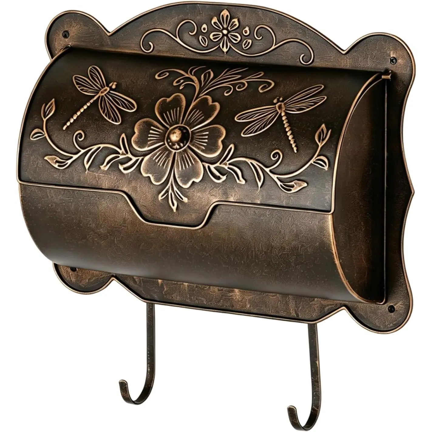 Upgraded Embossed Vintage Wall Mount Mailbox with Newspaper Holder, Dragonfly & Floral Decorative Antique Mail Box for Outdoor Front Porch House Garden