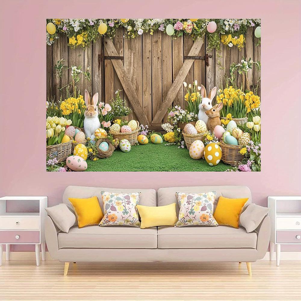 1pc Spring Easter Backdrop with Rabbit, Colorful Eggs, Fence Wall Decor for Photoshoot and Party Supplies, Cake Table Photo Booth Props, Banner Decor - Use Without Electricity, Polyester, General