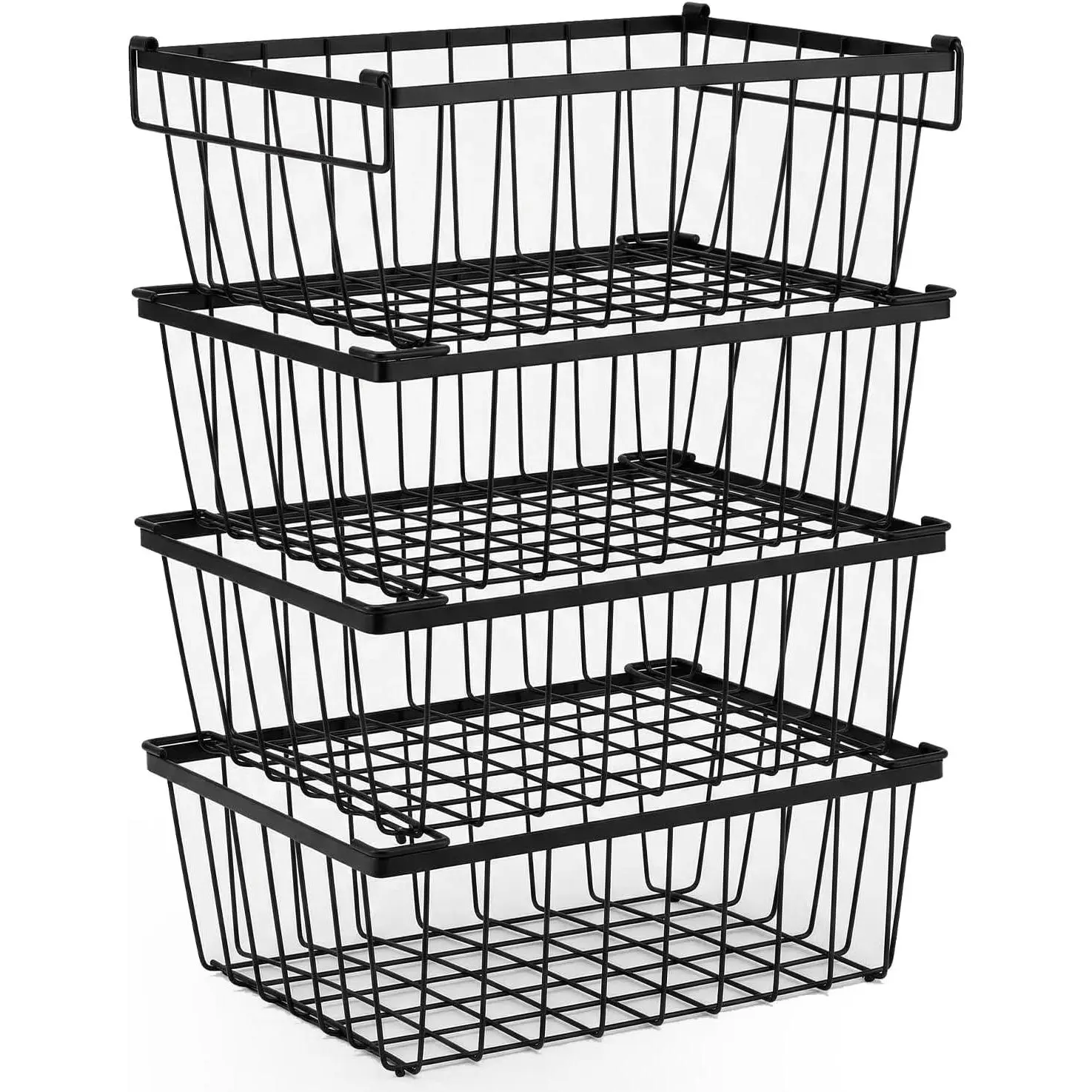 4 Pack Freezer Organizer Bins with Foldable Handle, Stackable Deep Freezer Organizer Baskets for 5 Cu.Ft, Perfect for and pantry organizers, Black