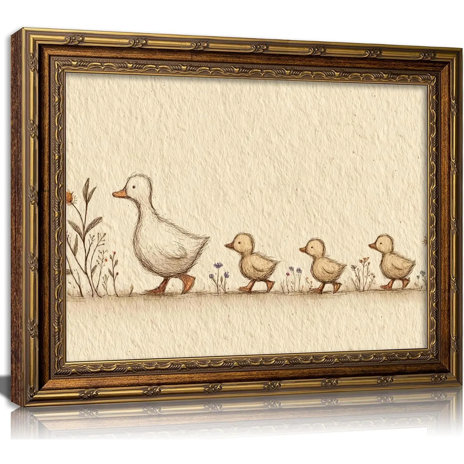 Vintage Gold Framed Nursery Duck Canvas Wall Art,Farmhouse Funny Whimsical Animal Painting Picture Wall Decor,Rustic Cute Mother Duck and Ducklings Poster Print Artwork,for Girls Children Room