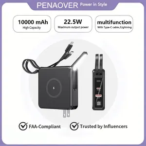 10000mah Power Bank with Ac Plug and USB-C Cable, 22.5w Fast Charging, LED Display, Foldable Stand, Multi-Device Compatible