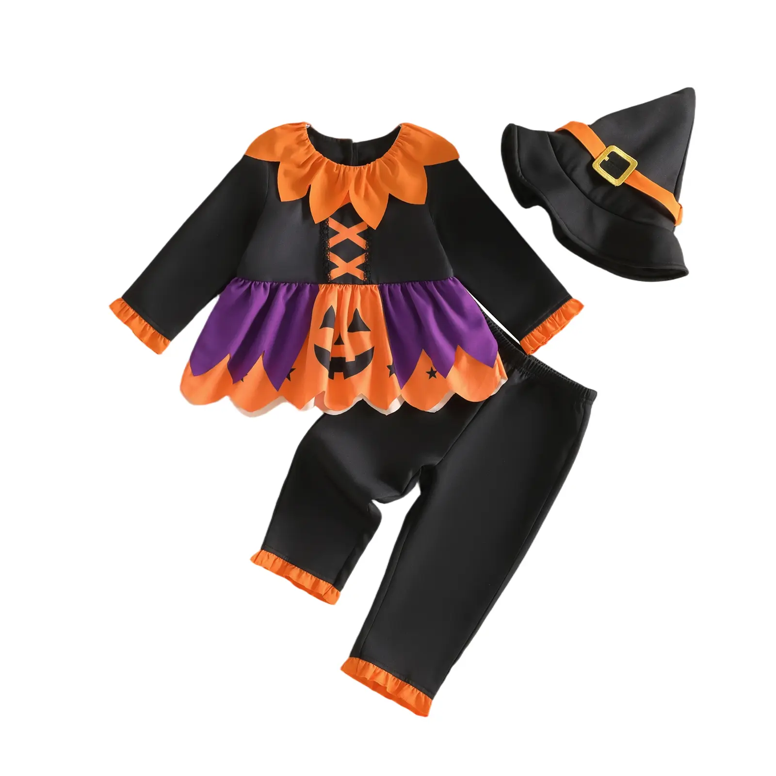 Meihuida Toddler Baby Little Girls Halloween Witch Pumpkin Costume Long Sleeve Top Pants Witch Hat 3Pcs Set Infant Cosplay Costume 6M-4T