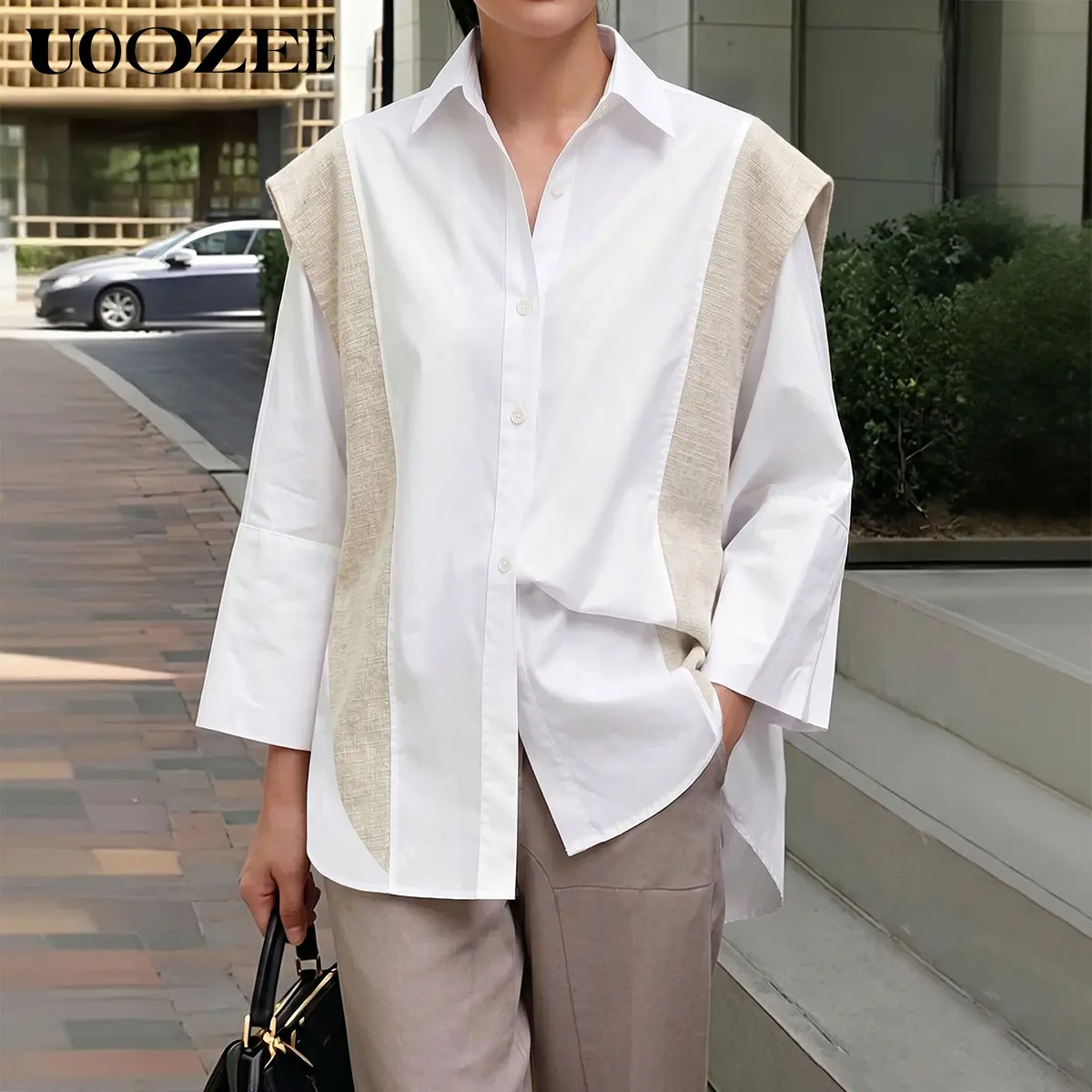 UOOZEE Women's Minimalist Colorblock 3/4 Sleeve Button-Down Blouse - Lightweight Cotton-Viscose Linen Blend, Comfy Oversized Tunic, Layering Outfits Wardrobe Staple for Basic Outfit Ideas & Fashion Inspiration