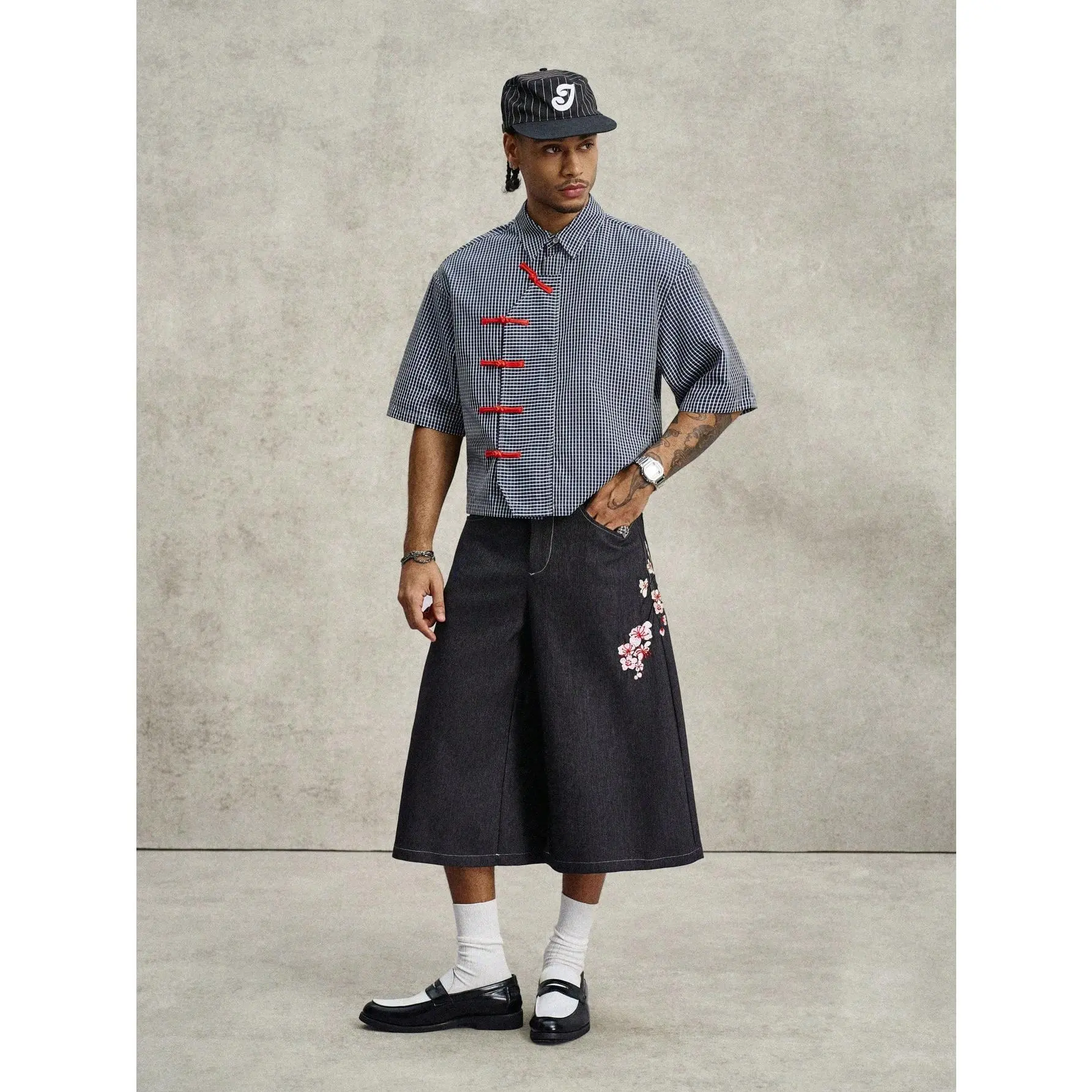 **Men Black White Plaid Summer Streetwear Short Sleeve Chinese Style Retro Oblique Collar Shirt 2026**