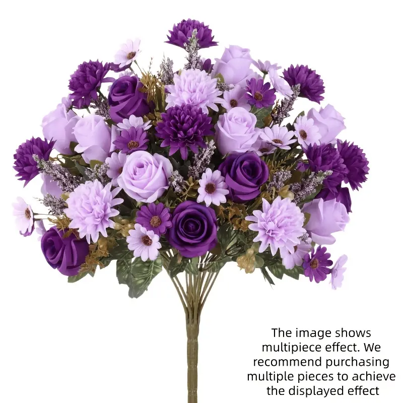 A bouquet of purple artificial flowers, realistically mixed with hydrangeas, roses, dahlias, and daisies. These maintenance-free fake flowers are perfect for home decor, weddings, table centerpieces, spring and summer decorations