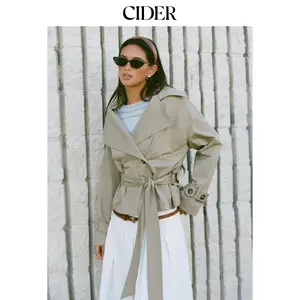 Cider Cotton-blend Collar Long Sleeve Belted Crop Windbreaker Dealsforyou