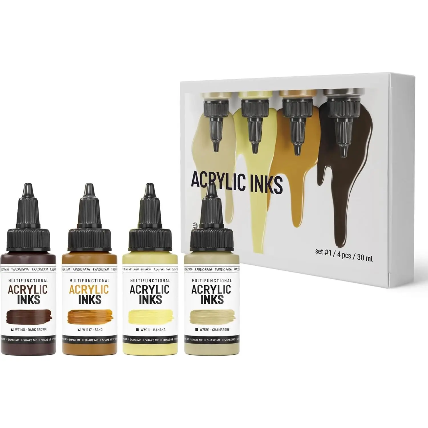 Inks for Artists -  Ink Set, Color Combination #1-4 pcs. 1 Fl Oz (30 ml) Each | Highly Concentrated, Multifunctional Liquid