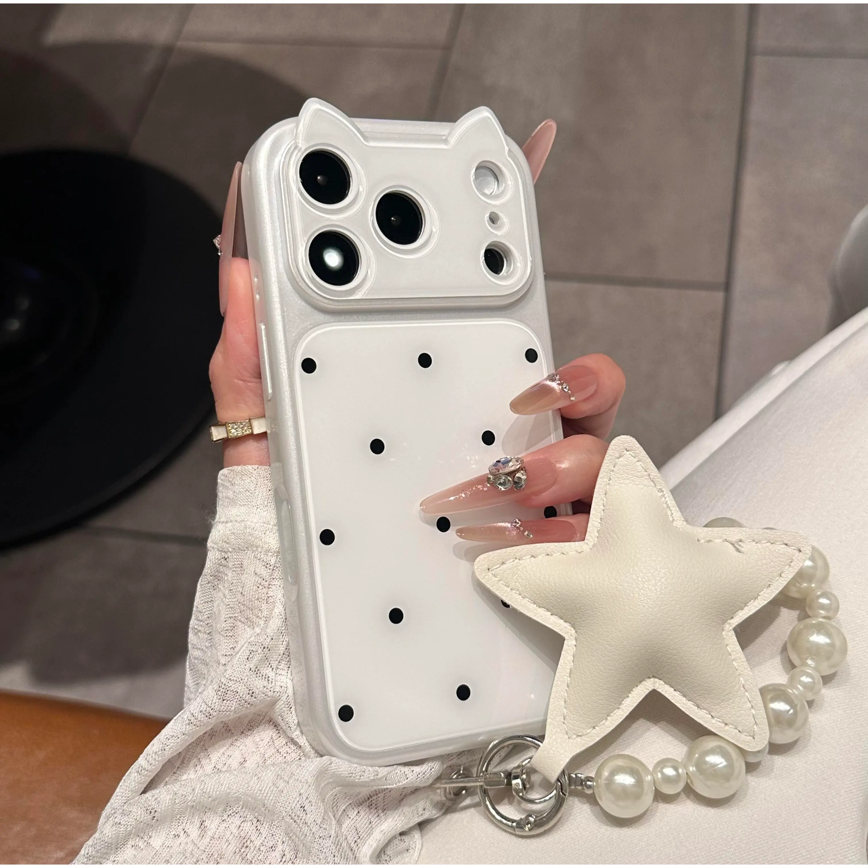 (Case & Nova.) Kawaii 3D Cat Ear Frame Polka Dot Back Cover, Large Full Camera Lens Cutout Anti-Drop Phone Case Compatible with iPhone 17 Pro, iPhone 16 Pro Max, iPhone 15, iPhone 14, iPhone 13 ver.2