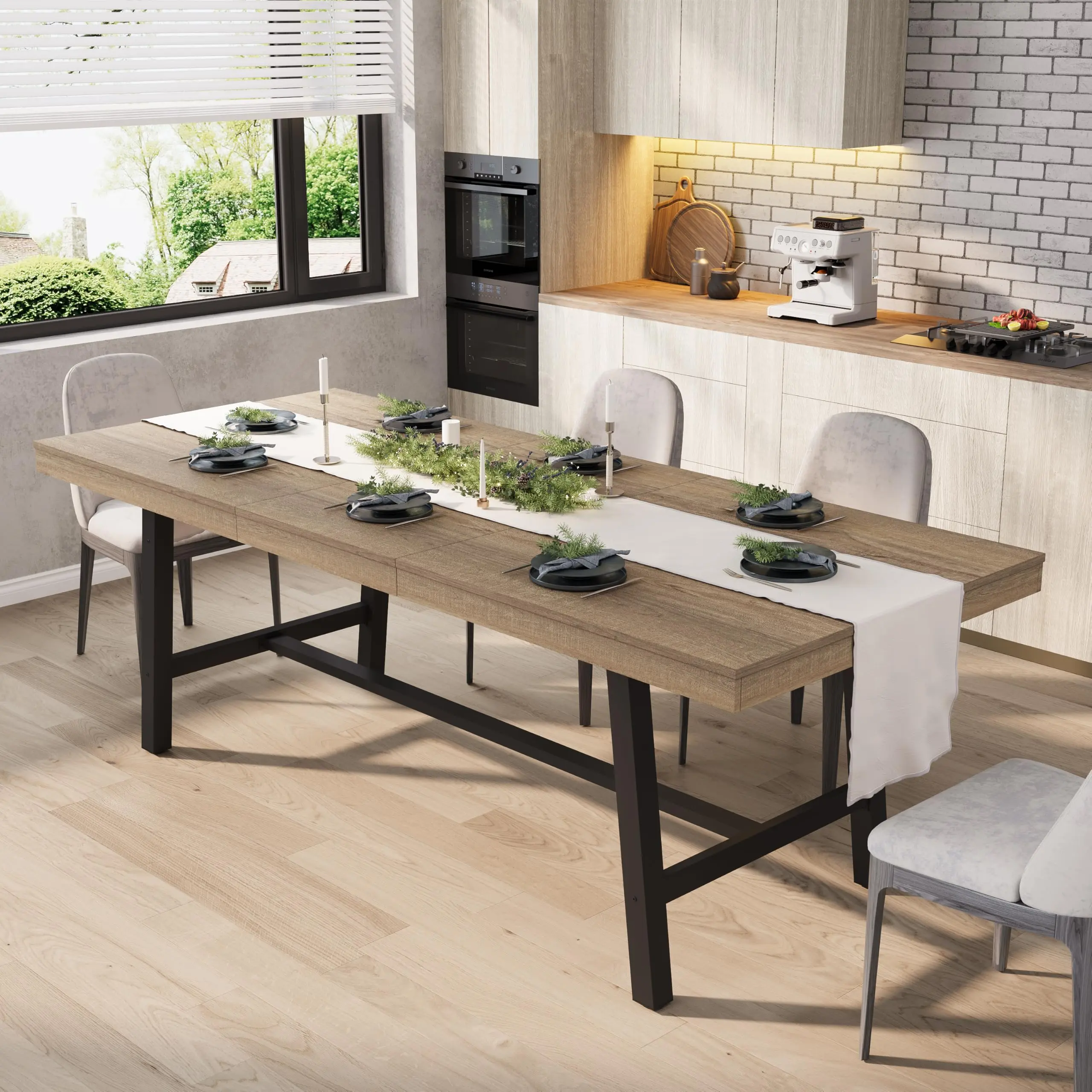 Industrial Look Rectangular Dining Room Table - 63"-83" Extendable Butterfly Leaf Table, Grey, Sturdy Top, Industrial Metal Legs, Fits 6-8 Seats