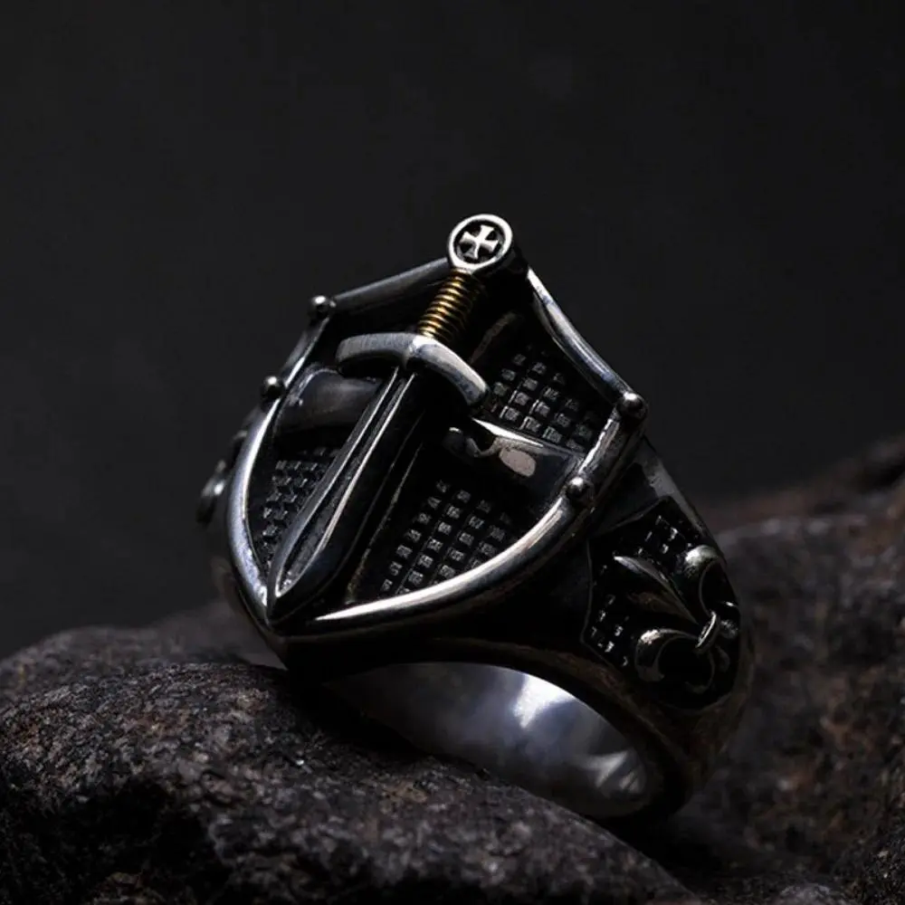 Minimalist Niche Men's Open End Ring Medieval Templar Vintage Shield Adjustable Size Ring Fashion Trend Accessories JewelryGifts