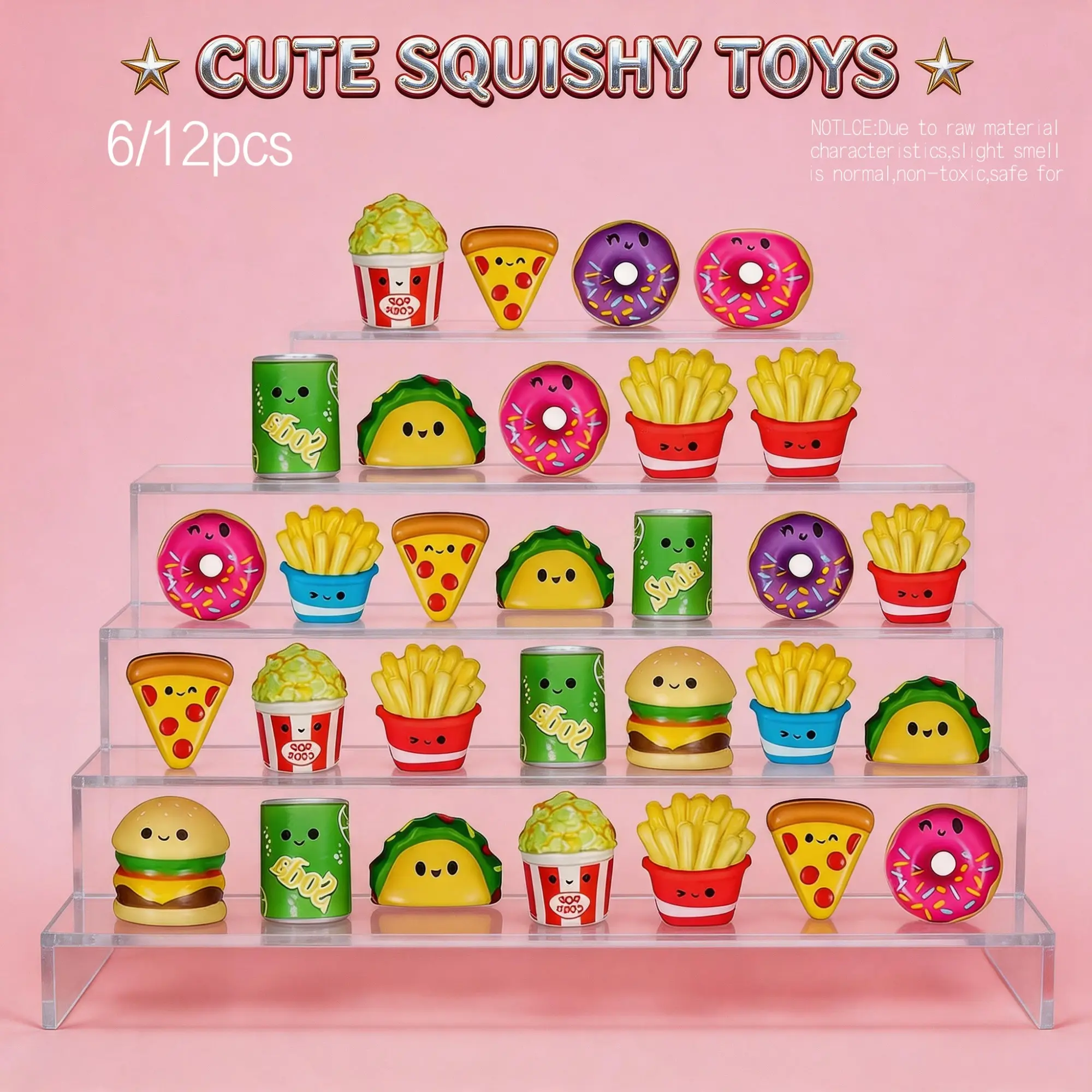 🔥Viral TikTok Fast Food Stress Relief Squishy Set: 6pcs or 12pcs assorted squeeze toys including burger, fries, donut, ice cream and drinks with random colors & patterns. Great for school rewards, parties, birthday gifts and gift bag fillers.