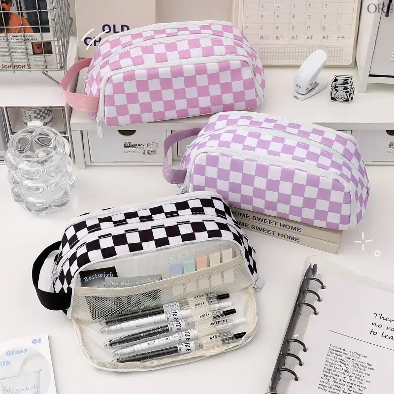 Checkerboard Pencil Case, Large‑Capacity Oxford Handheld Organizer, Double‑Zipper Mesh Interior Stationery Bag for Back‑to‑School Student Supplies