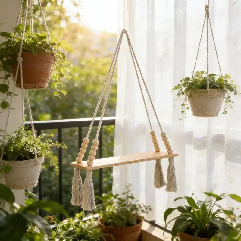 Nordic Style Cotton Rope Wall Shelf, Wooden Bead Fringe Plant Holder, Multi-Functional Indoor Outdoor Decor, Home Courtyard Balcony Decoration