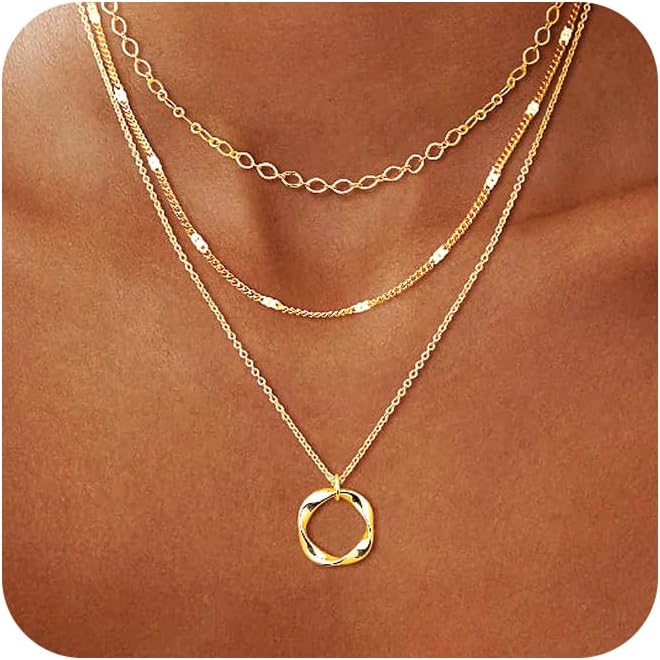 14K Gold Plated Layered Necklaces for Women Trendy, Stackable Dainty Gold Plated Chain Necklace Layering Beach Cute Fashion Pendant Choker Necklaces Jewelry Set Gifts for Women