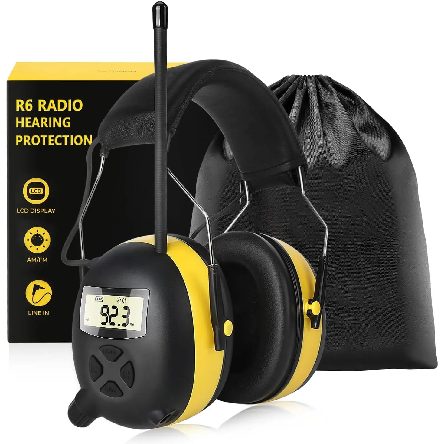 Radio Headphones with Digital Display, 30dB AM FM Hearing Protection Safety Ear Muff, Ear Protection Headphone for Mowing, Landscaping, Shooting and Construction Black-Yellow