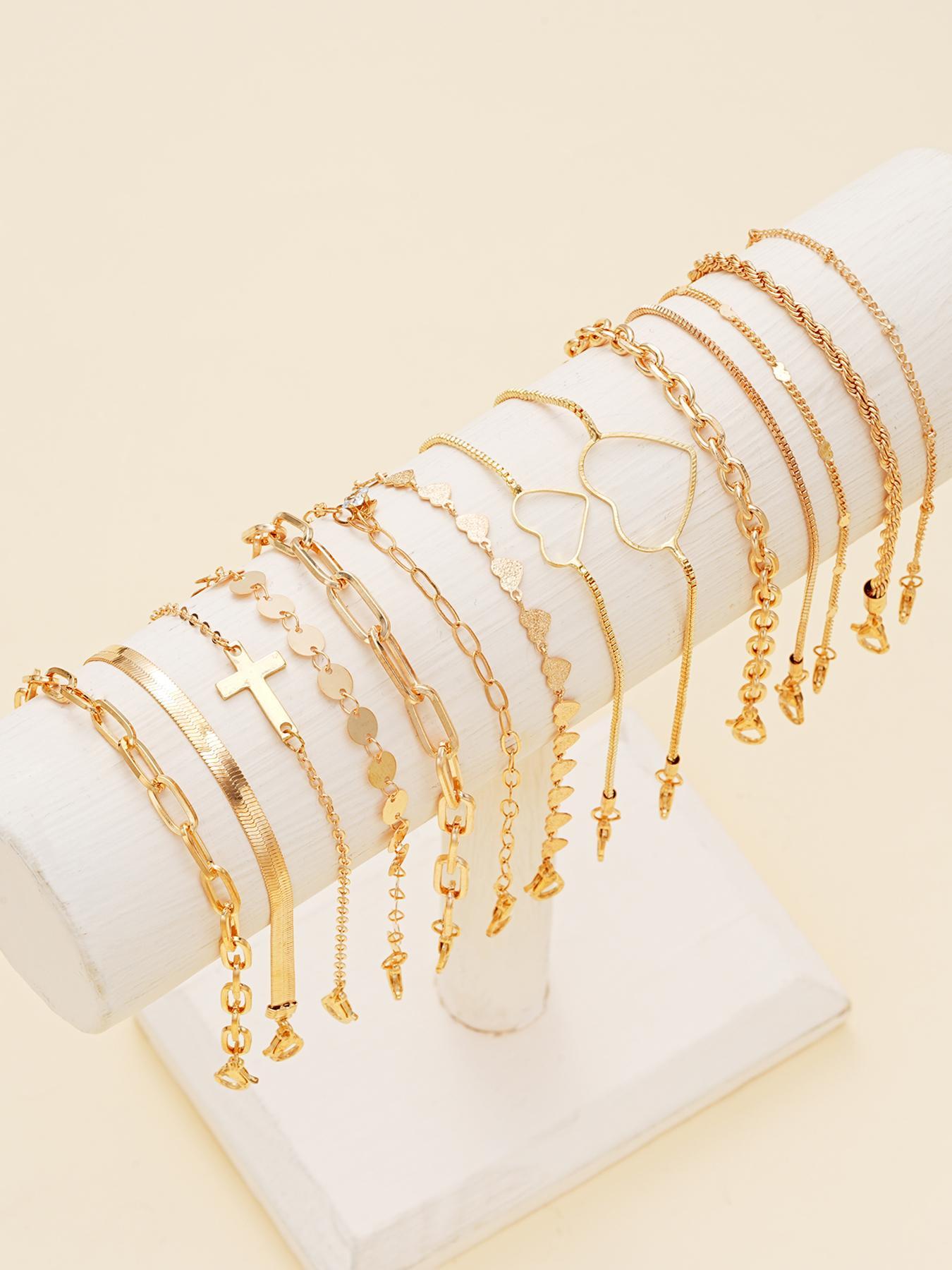 Women's Elegant Stackable Bracelets Set, 14pcs/set Cross & Heart Design Link Bracelet & Chain Bracelet, Fashion Casual Trendy Jewelry for Party, Daily Decor, Trendy All-match & Exquisite Jewelry for Birthday Gift