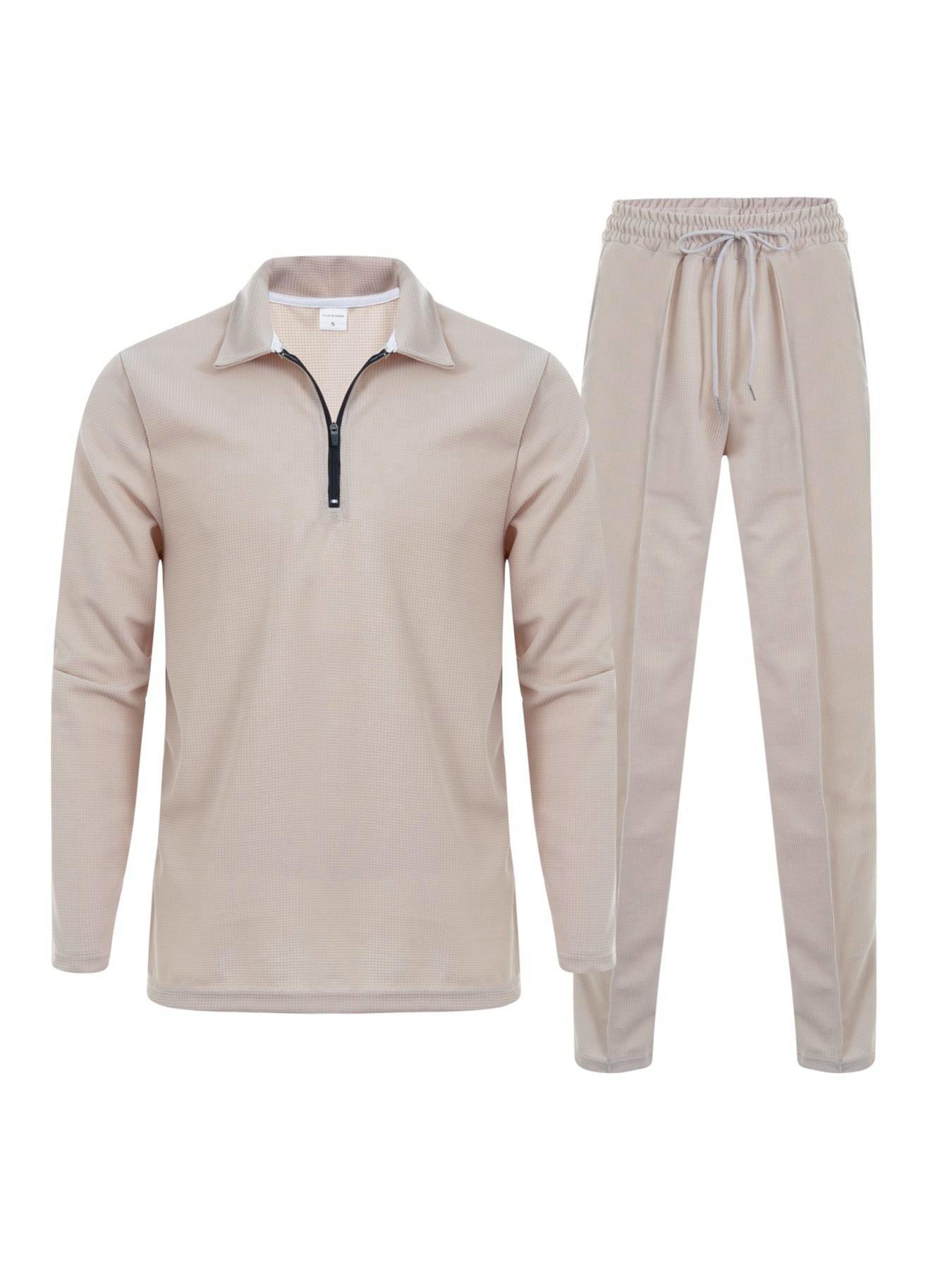 Men's Solid Half Zipper Collared Polo Shirt & Drawstring Pants Set, Casual Textured Long Sleeve Top & Trousers for Spring & Fall, Men's Two-Piece Outfits