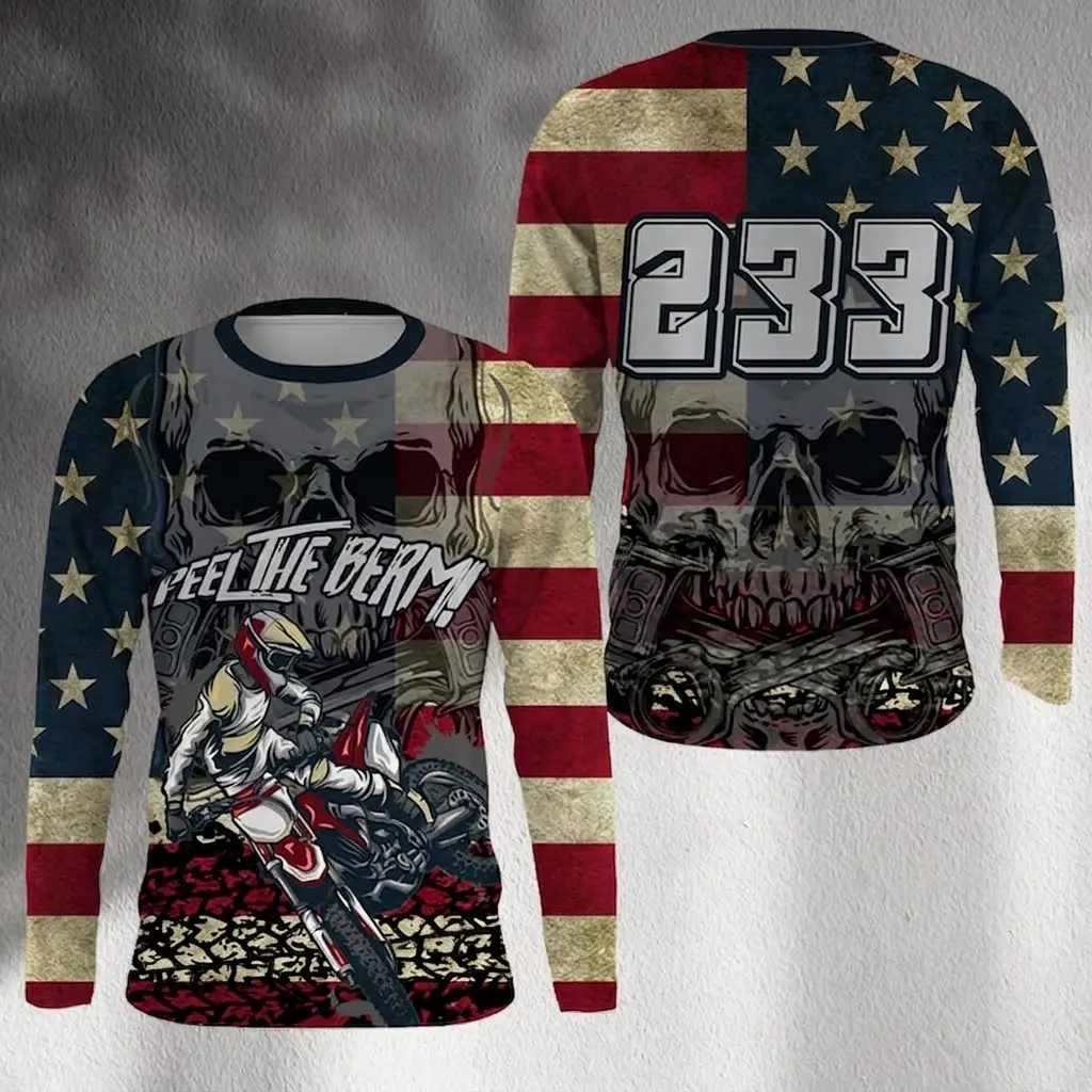 American Flag Skull Print Motocross Jersey Breathable Long Sleeve Top For Men Dirt Bike Offroad Racing Patriotic Motorcycle Riding Shirt