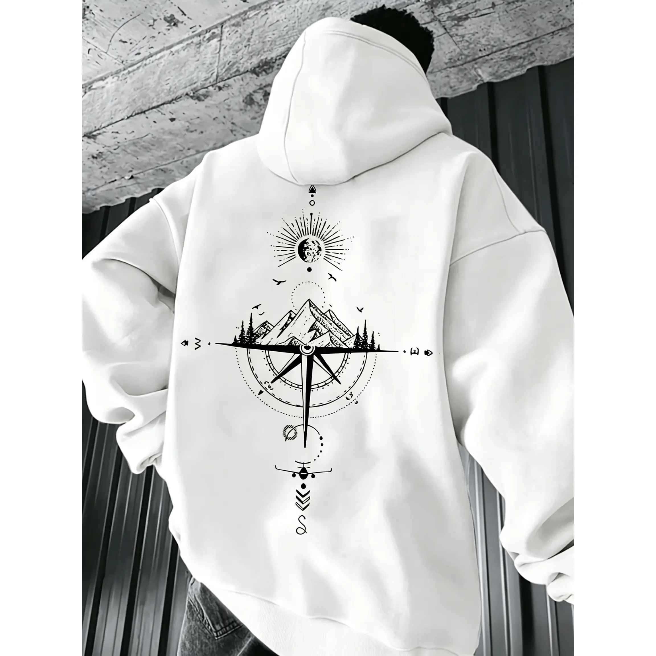 Mountain Compass Wanderlust Graphic Hoodie, 100% Cotton Unisex Oversized Pullover Hooded Sweatshirt, Outdoor Adventure Travel Street Top