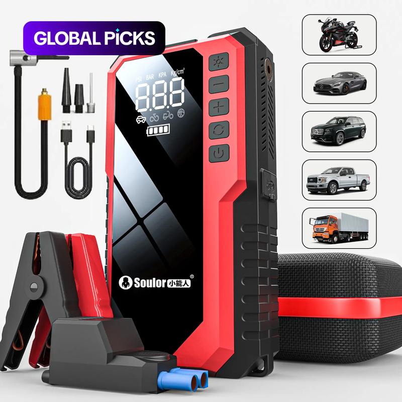 Portable Car Jump Starter (6400mAh / 8000mAh) with Air Compressor, Fast USB Charging and Multiple Safety Protections, Includes Jumper Cables, Car Tool Kit