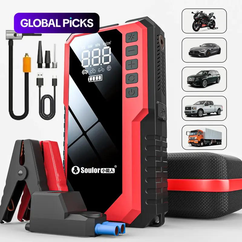 Portable Car Jump Starter (6400mAh / 8000mAh) with Air Compressor, Fast USB Charging and Multiple Safety Protections, Includes Jumper Cables, Car Tool Kit