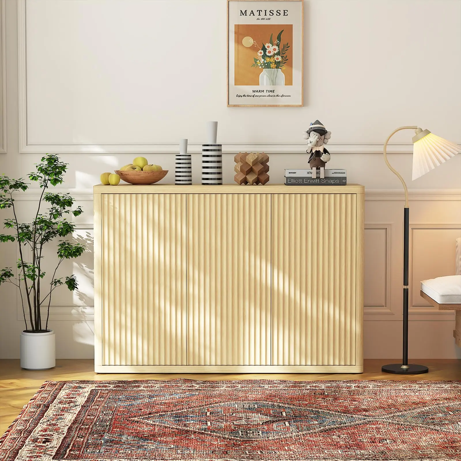 34.6x15.6x34.6" Rectangular Fluted Panel Engineered Wood Sideboard Cabinet, 2-Door Buffet with Flat Top & Adjustable Shelves, Multipurpose Credenza for Kitchen & Dining Room
