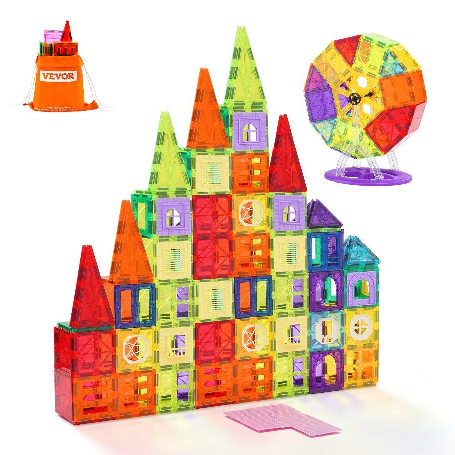 VEVOR Magnetic Tiles, 180 PCS Magnetic Building Blocks for Kids, Magnet Building Set with 2 Car Bases Ferris Wheel Stand, STEM Educational Construction Stacking Toys for Toddlers Boys Girls Aged 5+